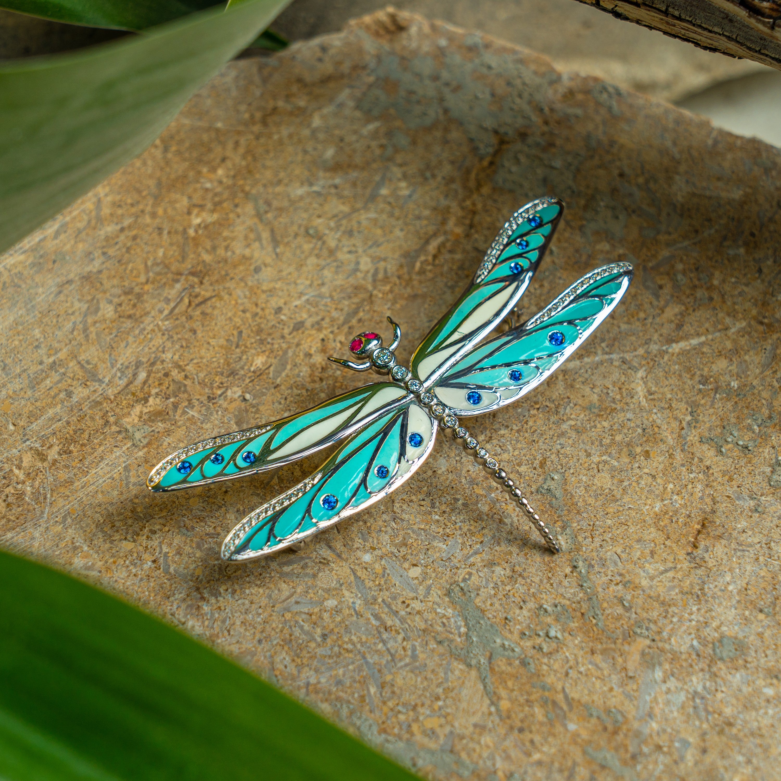 Vintage Brooch White Gold Diamond Topaz Paraiba Enamel