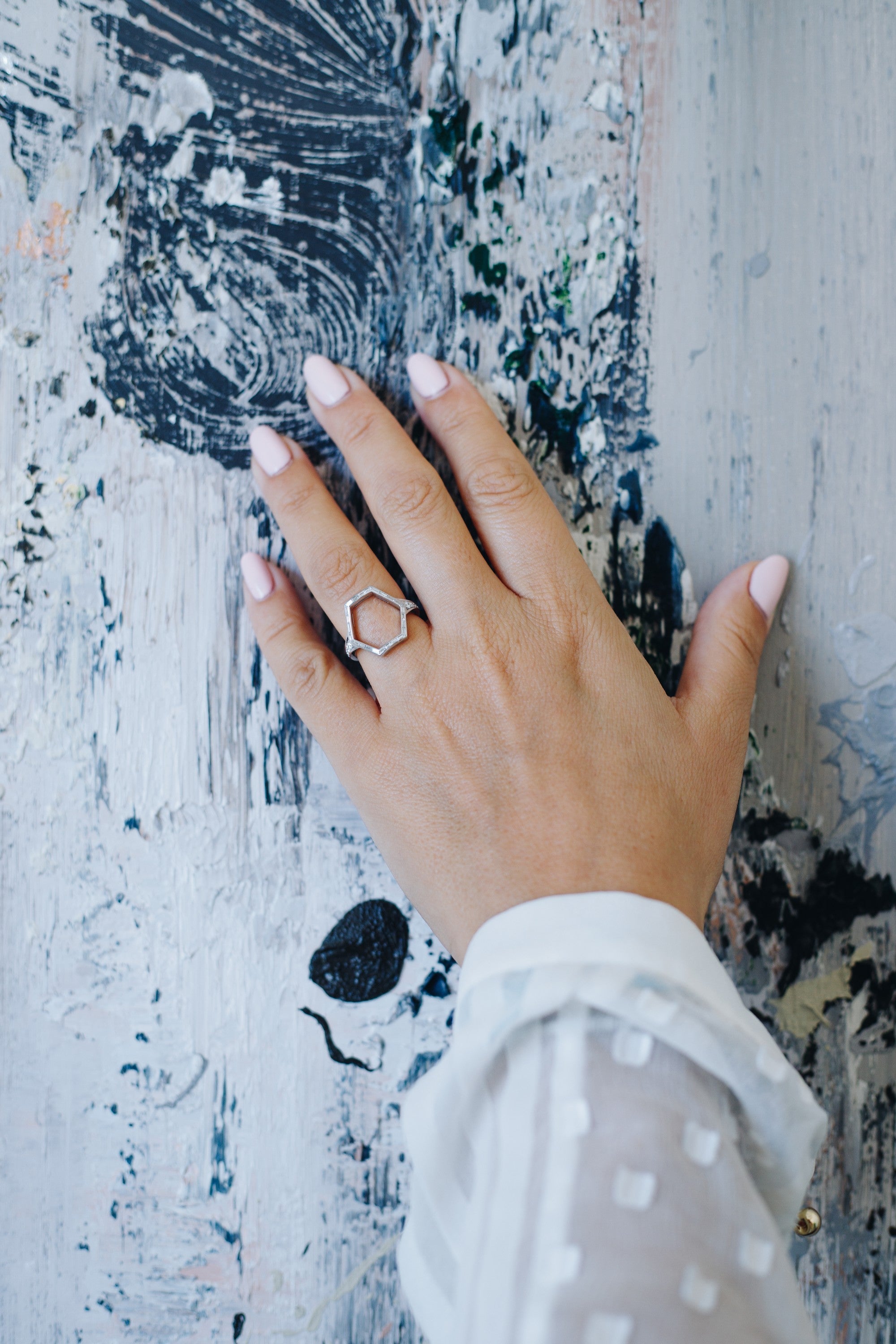 Hexagon Ring - White Gold, Diamonds