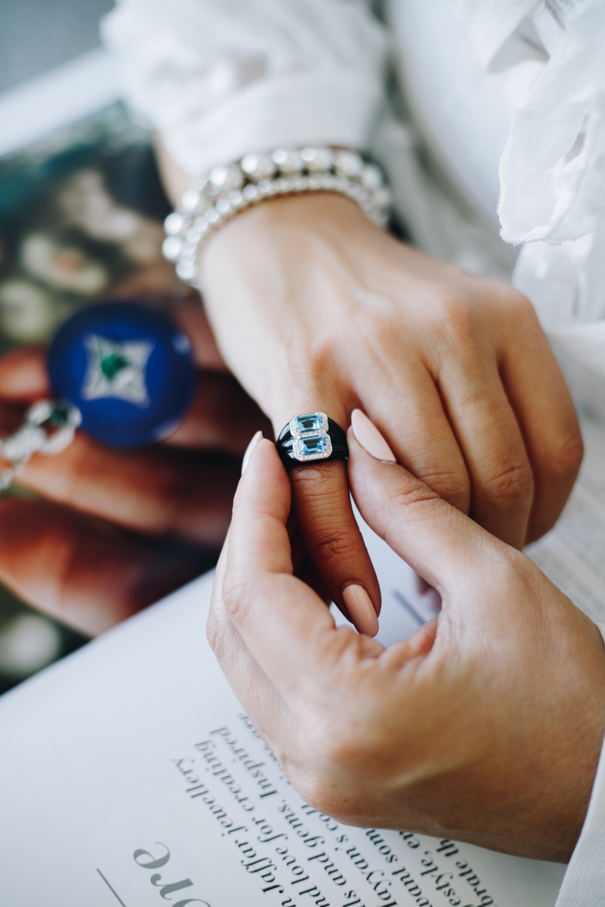 Art Deco Twins Ring - Diamonds with Blue Topaz, Ceramic
