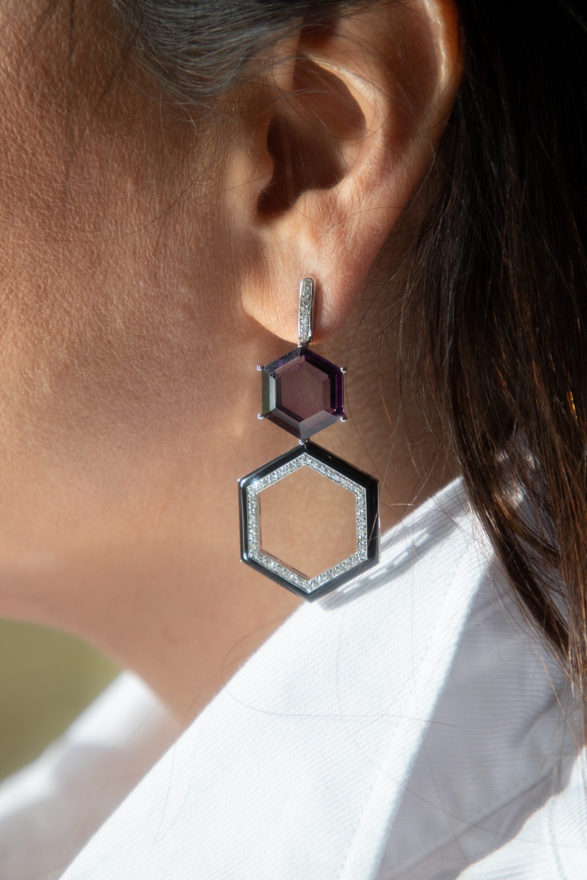 Hexagon Earrings - Amethyst