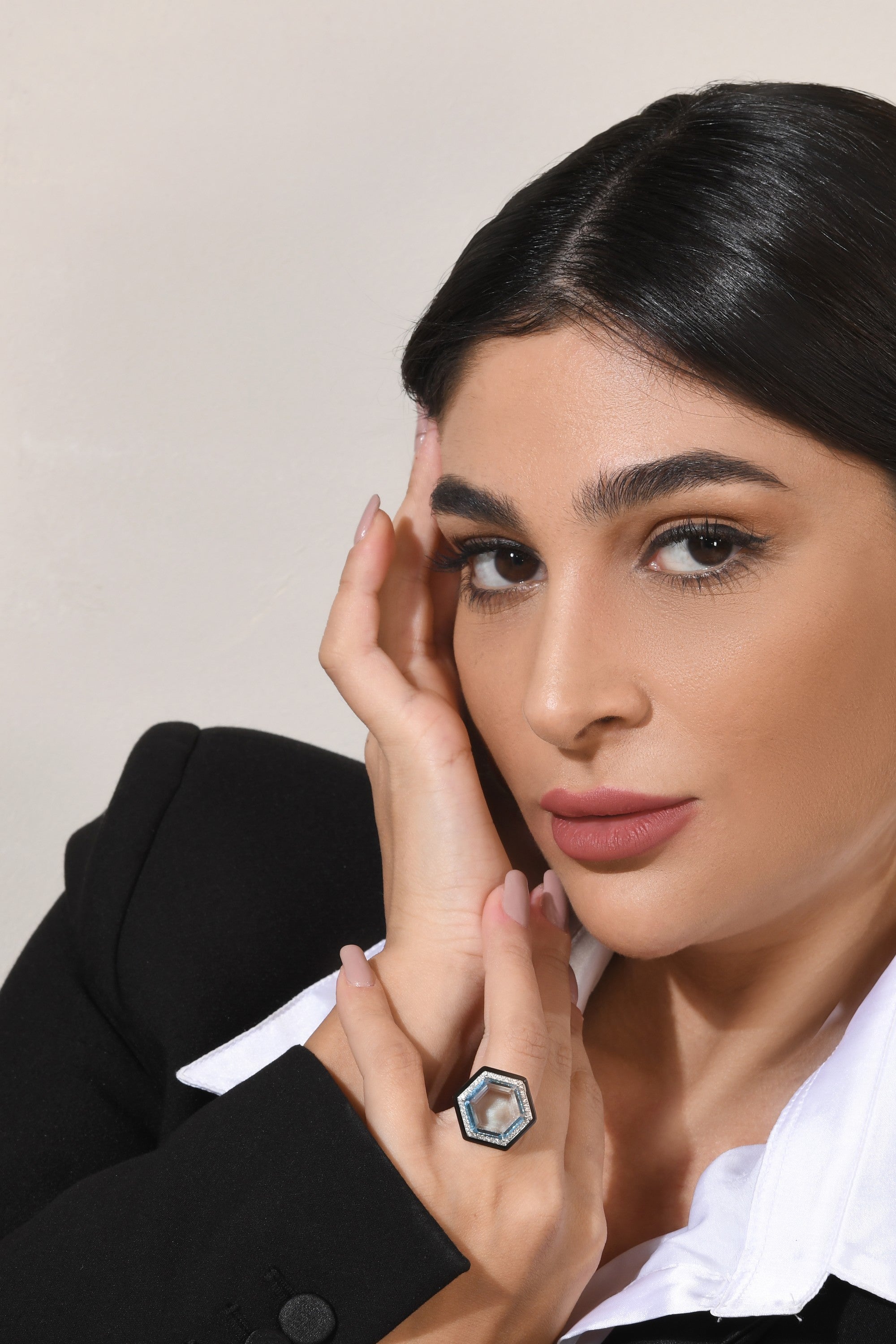 Hexagon Ring - Diamonds, Blue Topaz, Black Enamel